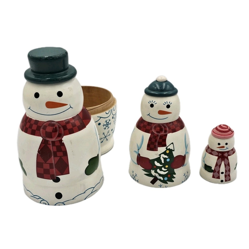 3-VTG Holiday Winter Wooden Hand Painted Snowman Nesting Dolls Christmas READ